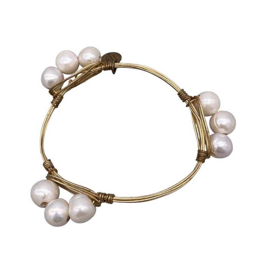 Bourbon & Bowties Wire Wrapped Pearl Bangle Bracelet Gold Tone